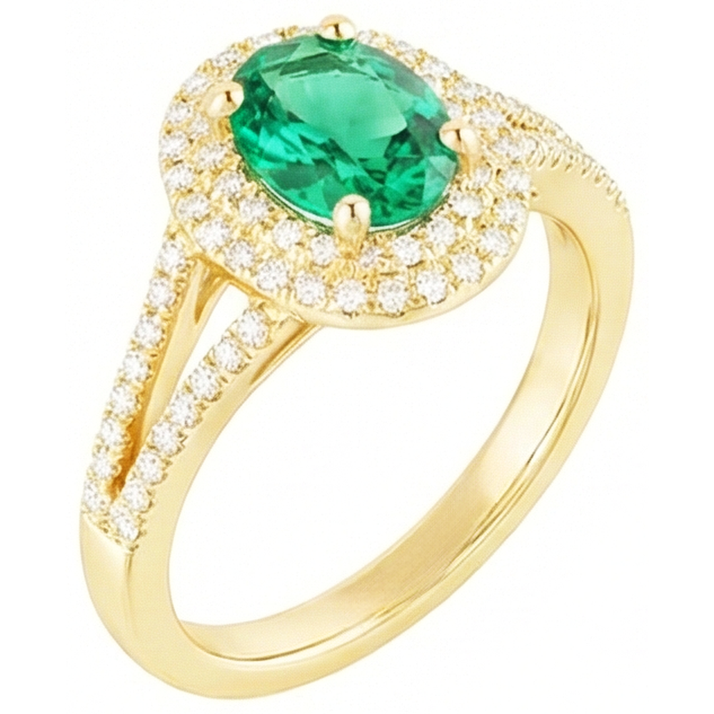 14K Gold Oval Shaped Green Emerald GIA With Round Natural Earth Mined Diamond Ring 6 Carats