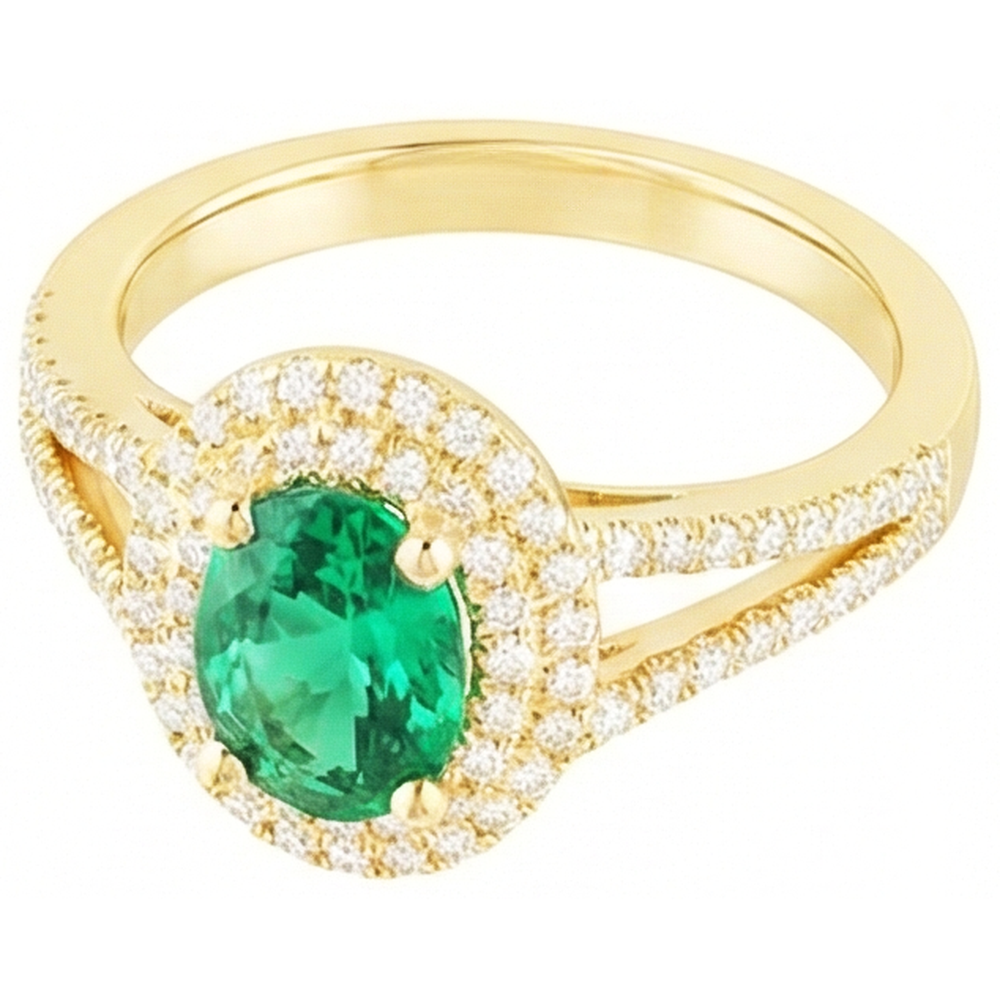 14K Gold Oval Shaped Green Emerald GIA With Round Natural Earth Mined Diamond Ring 6 Carats