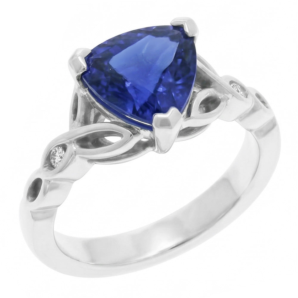 14K Gold Three Stone Ring Trillion Blue Sapphire 1.75 Carats Natural Earth Mined Diamonds
