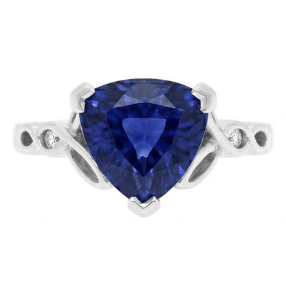 14K Gold Three Stone Ring Trillion Blue Sapphire 1.75 Carats Natural Earth Mined Diamonds
