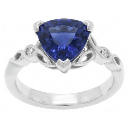 14K Gold Three Stone Ring Trillion Blue Sapphire 1.75 Carats Natural Earth Mined Diamonds