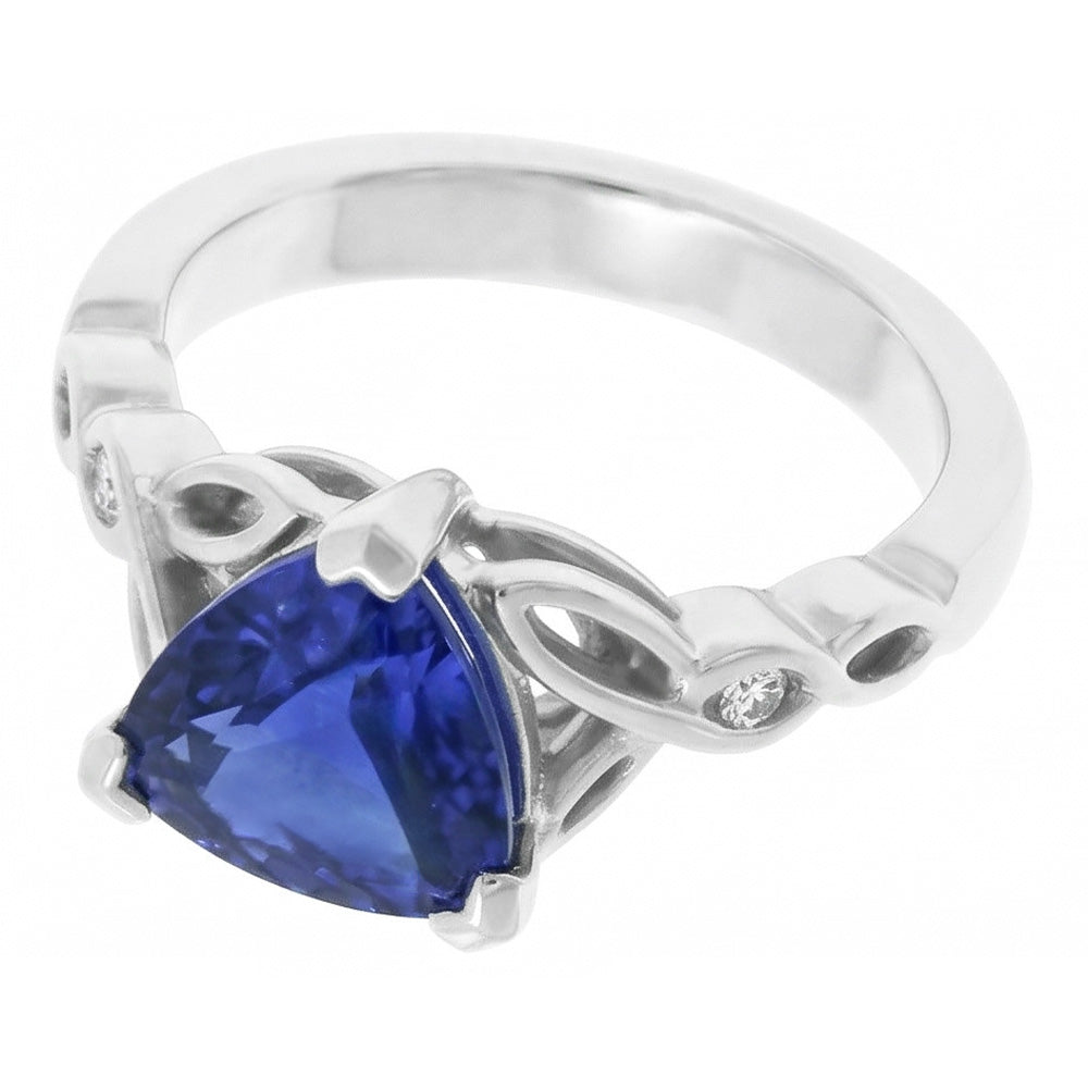 14K Gold Three Stone Ring Trillion Blue Sapphire 1.75 Carats Natural Earth Mined Diamonds