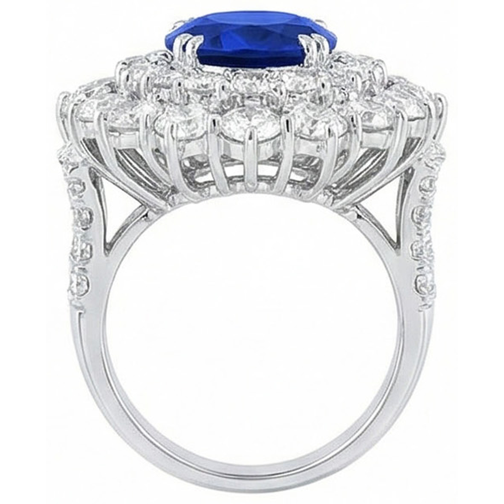 14K White Gold 10 Ct. Cushion Sapphire And Round IGI CERTIFIED Diamonds Ring