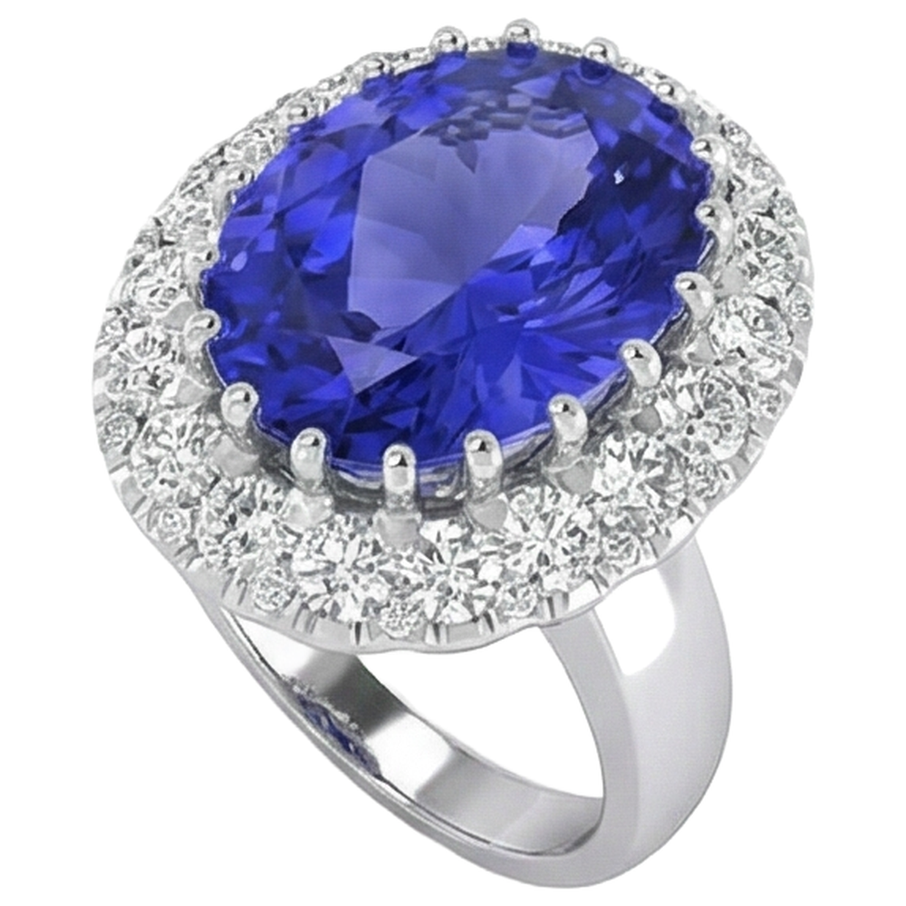 14K White Gold 15 Ct Big Tanzanite And Small Natural Earth Mined Diamonds Ring New