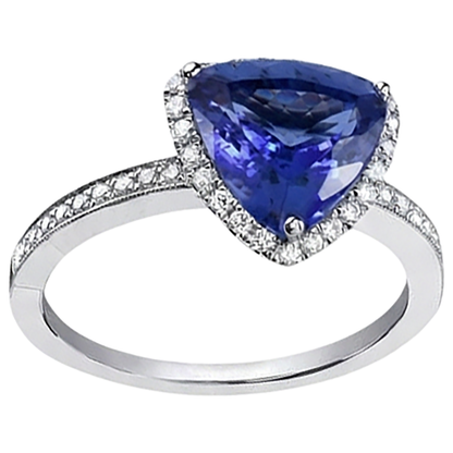 14K White Gold Trillion Tanzanite & Natural Earth Mined Diamonds 3.50 Ct Anniversary Ring