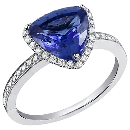 14K White Gold Trillion Tanzanite & Natural Earth Mined Diamonds 3.50 Ct Anniversary Ring