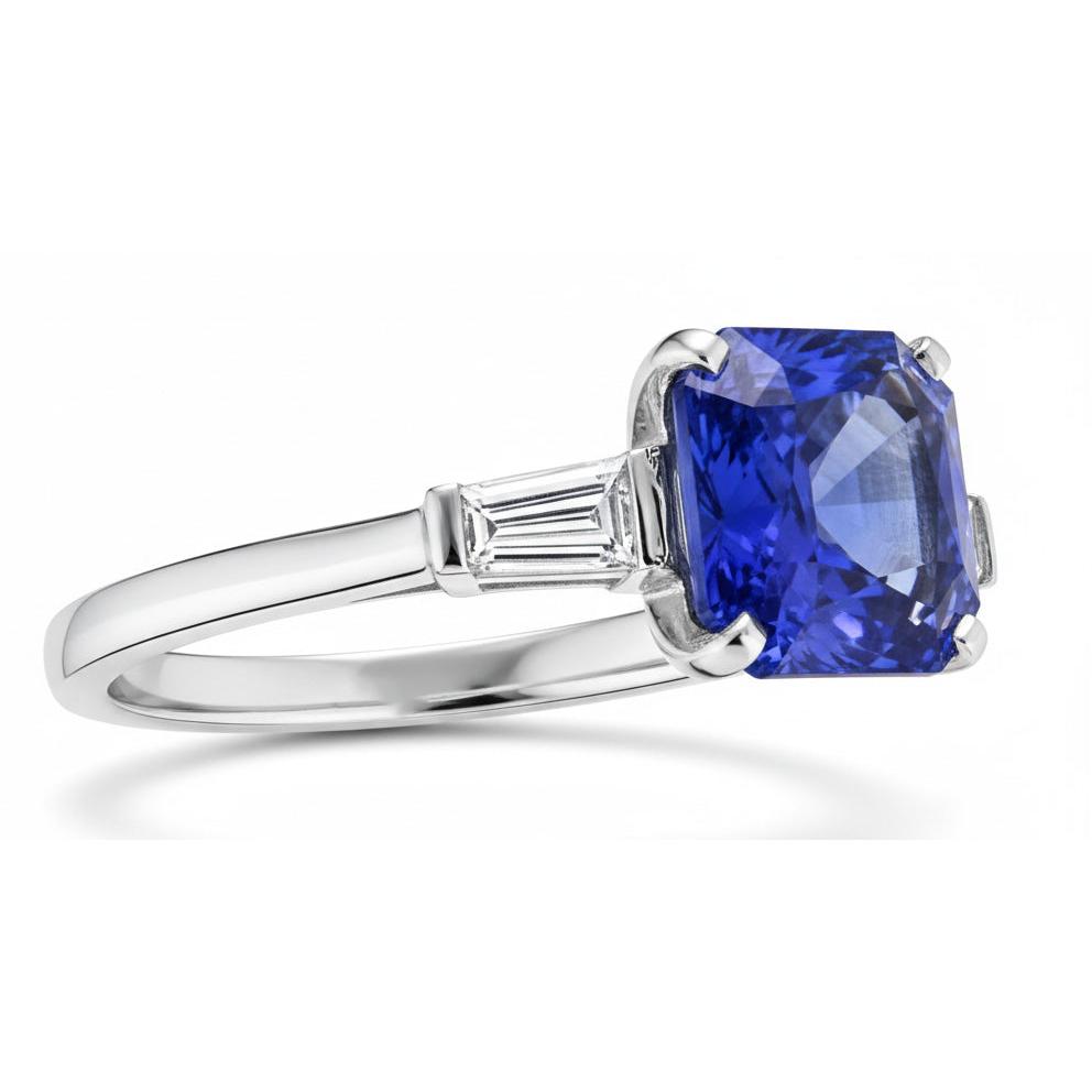 14K Gold 3 Stone Ring Radiant Sapphire & Baguette Natural Earth Mined Diamonds 3.50 Carats