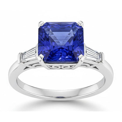 14K Gold 3 Stone Ring Radiant Sapphire & Baguette Natural Earth Mined Diamonds 3.50 Carats