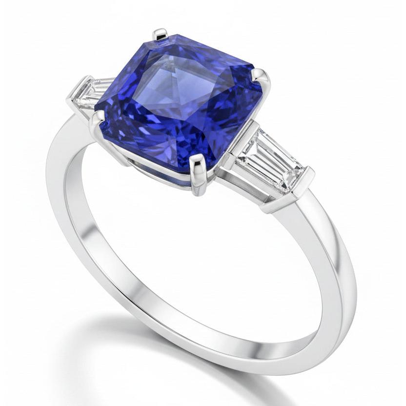 14K Gold 3 Stone Ring Radiant Sapphire & Baguette Natural Earth Mined Diamonds 3.50 Carats