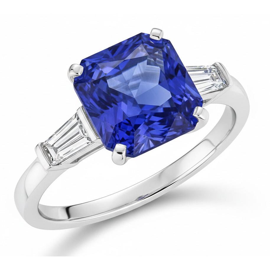 14K Gold 3 Stone Ring Radiant Sapphire & Baguette Natural Earth Mined Diamonds 3.50 Carats