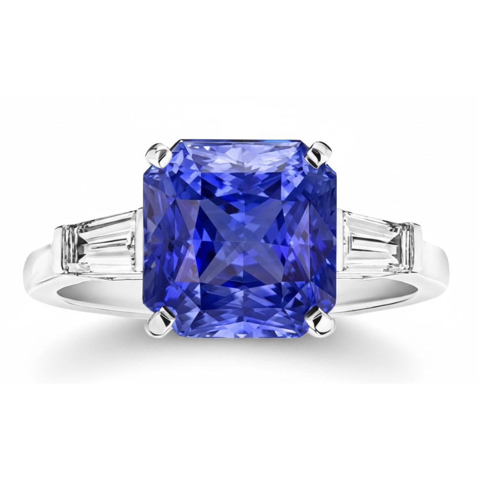 14K Gold 3 Stone Ring Radiant Sapphire & Baguette Natural Earth Mined Diamonds 3.50 Carats