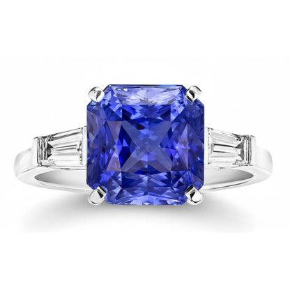 14K Gold 3 Stone Ring Radiant Sapphire & Baguette Natural Earth Mined Diamonds 3.50 Carats