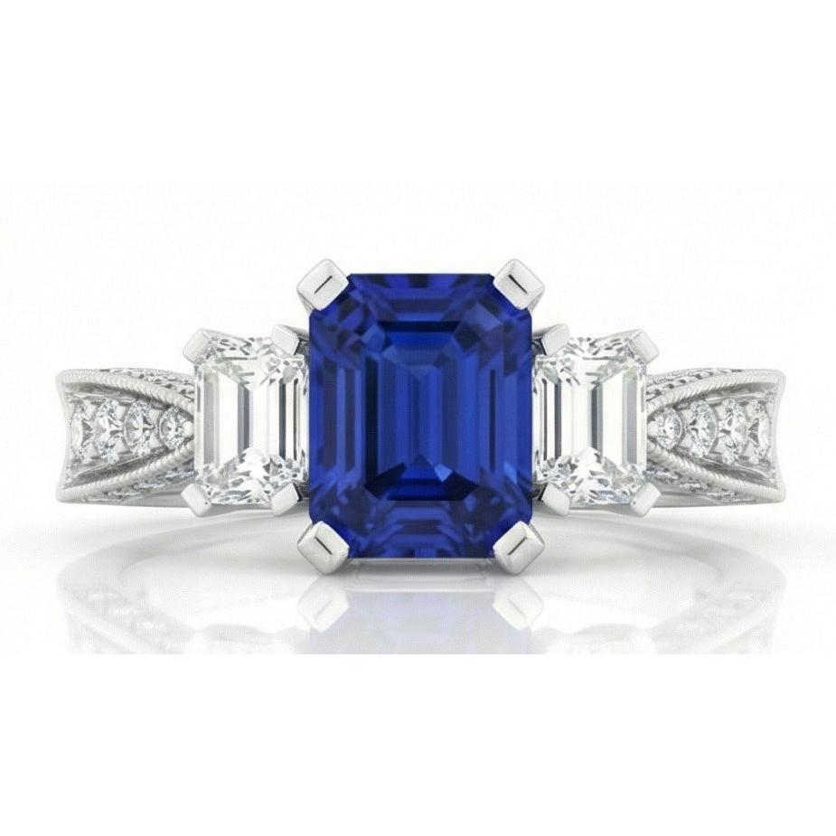 14K Gold Gemstone Emerald Sapphire Ring 3 Carats 3 Stone Style Accents