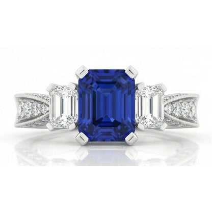 14K Gold Gemstone Emerald Sapphire Ring 3 Carats 3 Stone Style Accents