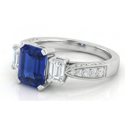 14K Gold Gemstone Emerald Sapphire Ring 3 Carats 3 Stone Style Accents