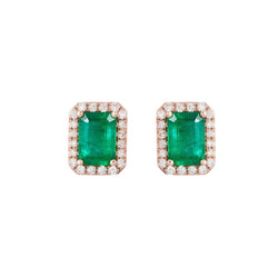 14K Rose Gold Green Emerald With Natural Earth Mined Diamond 8 Carats Lady Stud Halo Earrings