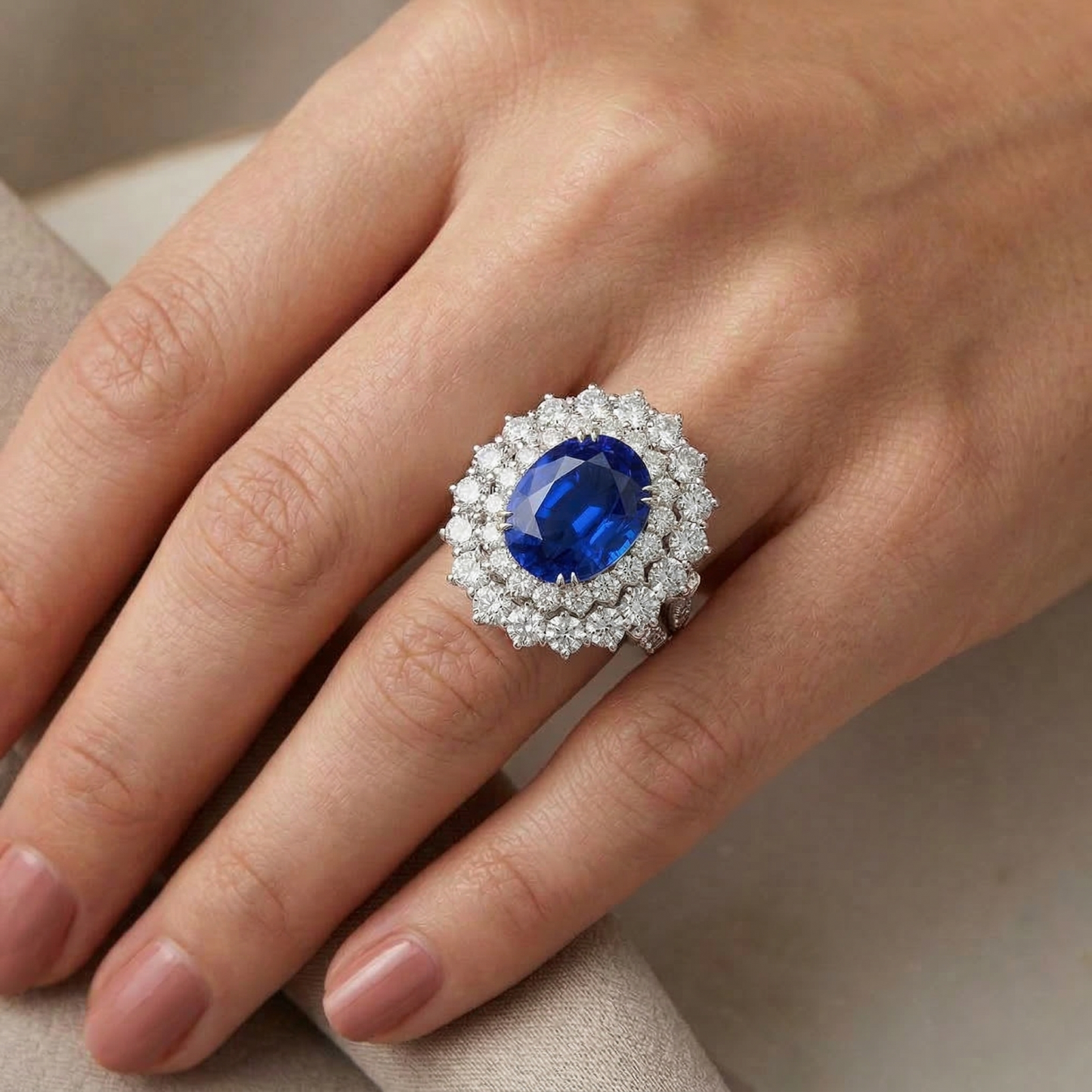 14K White Gold 10 Ct. Cushion Sapphire And Round IGI CERTIFIED Diamonds Ring