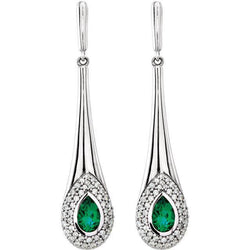 14K White Gold Green Emerald and Diamond 1.88 Carats Dangle Halo Earring