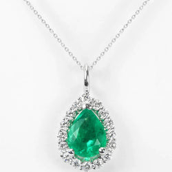 14K White Gold Prong Set Green Emerald With Diamonds 8.5 Carats Pendant