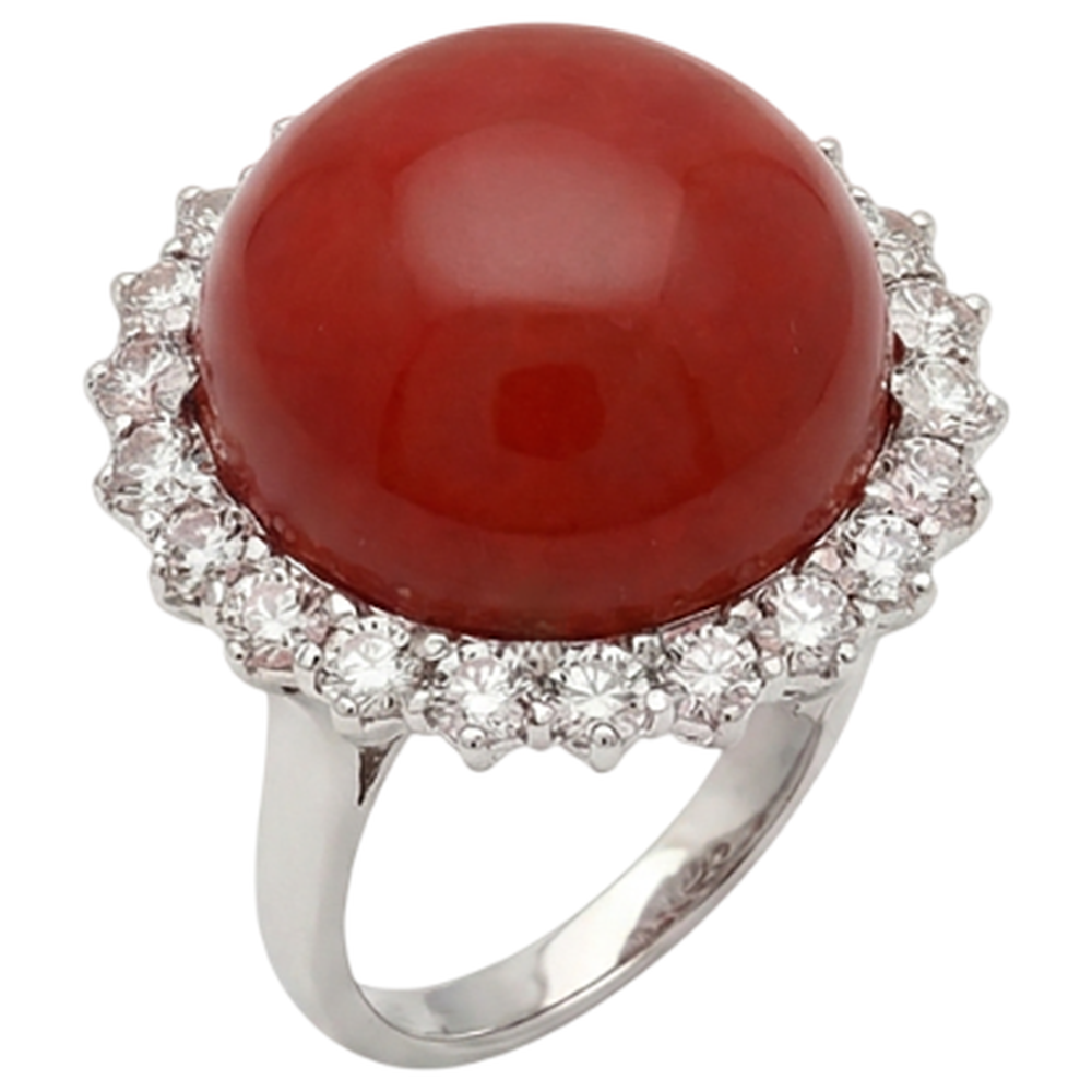 15.25 Ct Big Red Coral And Natural Earth Mined Diamonds Engagement Ring White Gold 14K
