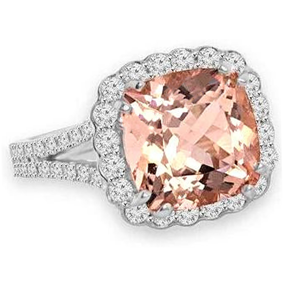 15.25 Ct Cushion Morganite With Round Natural Earth Mined Diamonds Ring 14K White Gold