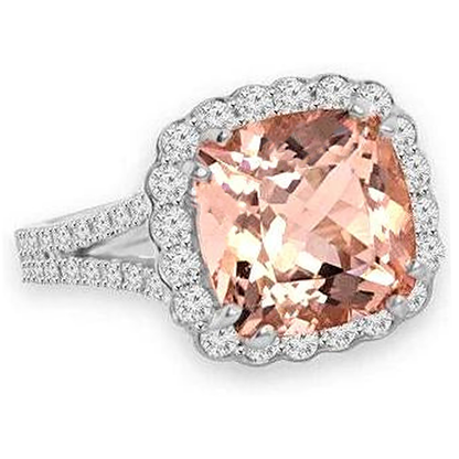 15.25 Ct Cushion Morganite With Round Natural Earth Mined Diamonds Ring 14K White Gold