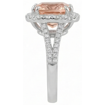 15.25 Ct Cushion Morganite With Round Natural Earth Mined Diamonds Ring 14K White Gold