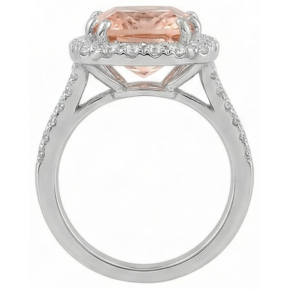15.25 Ct Cushion Morganite With Round Natural Earth Mined Diamonds Ring 14K White Gold