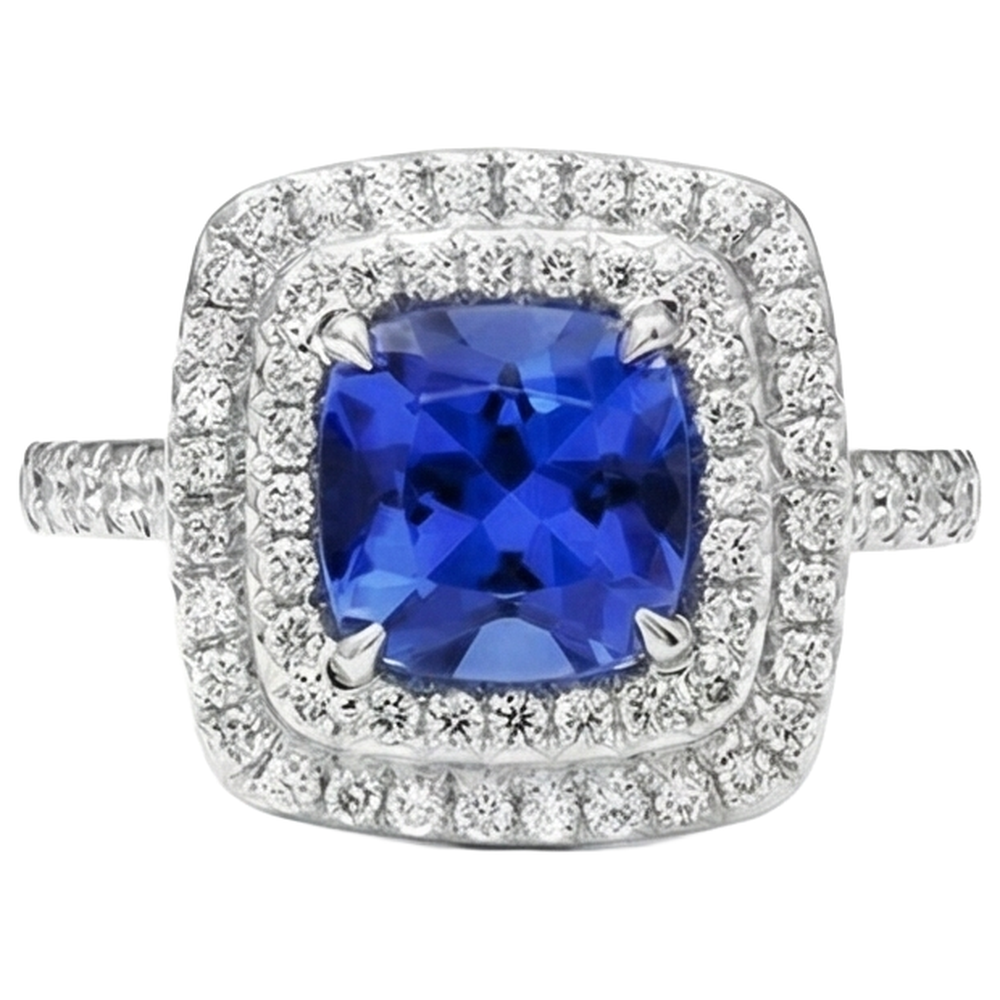 15 Ct Halo Cushion Tanzanite And Natural Earth Mined Diamonds Ring White Gold 14K