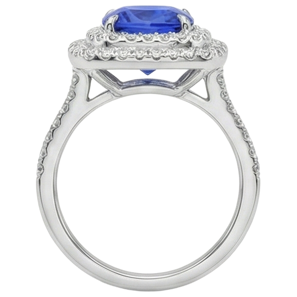15 Ct Halo Cushion Tanzanite And Natural Earth Mined Diamonds Ring White Gold 14K