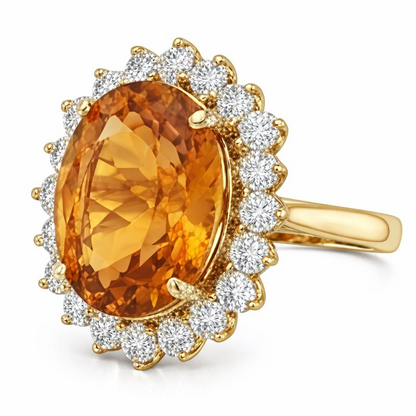 15.50 Ct Oval Madeira Citrine & Natural Earth Mined Diamond Halo Wedding Ring Yellow Gold