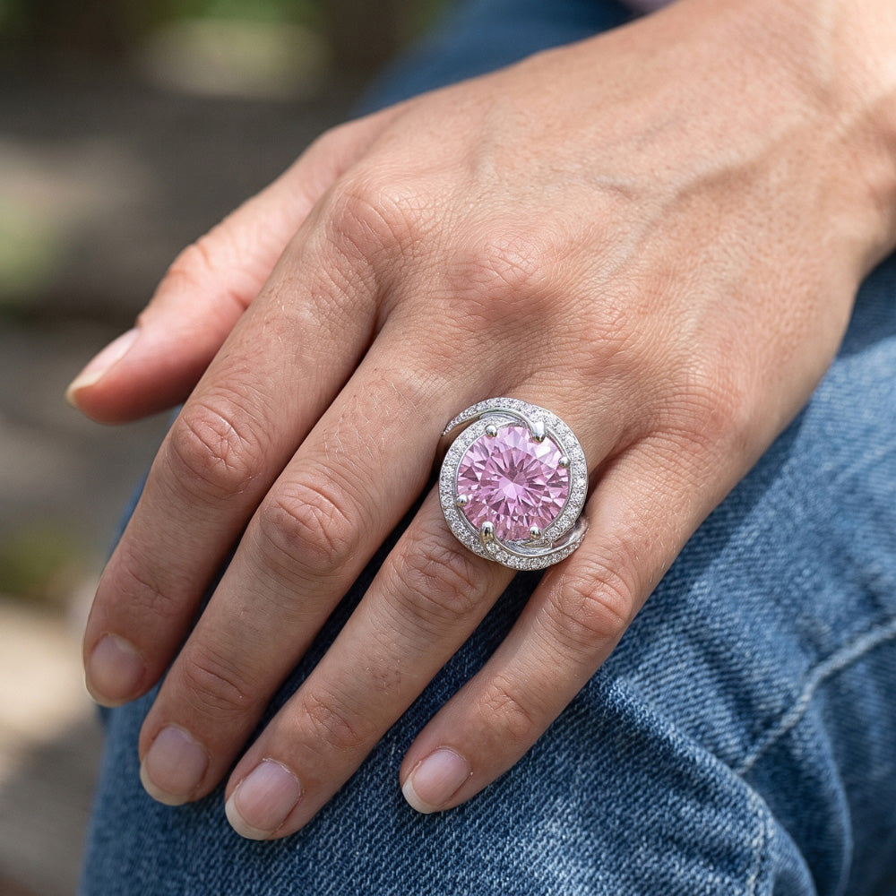 16.00 Ct. Pink Kunzite With Natural Earth Mined Diamonds Ring White Gold 14K