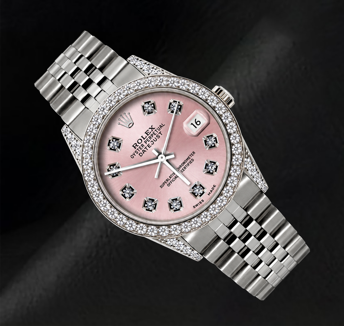 Rolex Datejust 36mm 16200 Pink Diamond Dial Diamond Bezel Stainless Steel Watch