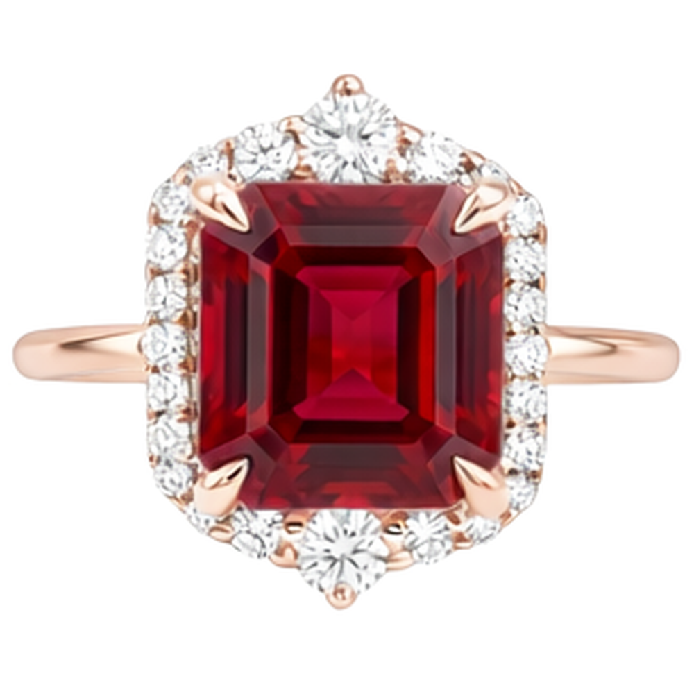17 Carats Big Asscher Shaped Red Ruby IGI CERTIFIED And Diamond Ring Gold 14K