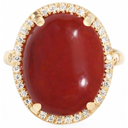 17 Ct Big Red Coral And Small Natural Earth Mined Diamonds Wedding Ring Gold 14K