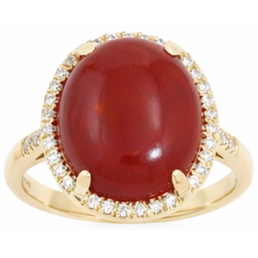 17 Ct Big Red Coral And Small Natural Earth Mined Diamonds Wedding Ring Gold 14K