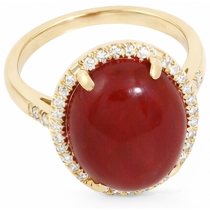 17 Ct Big Red Coral And Small Natural Earth Mined Diamonds Wedding Ring Gold 14K