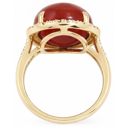 17 Ct Big Red Coral And Small Natural Earth Mined Diamonds Wedding Ring Gold 14K