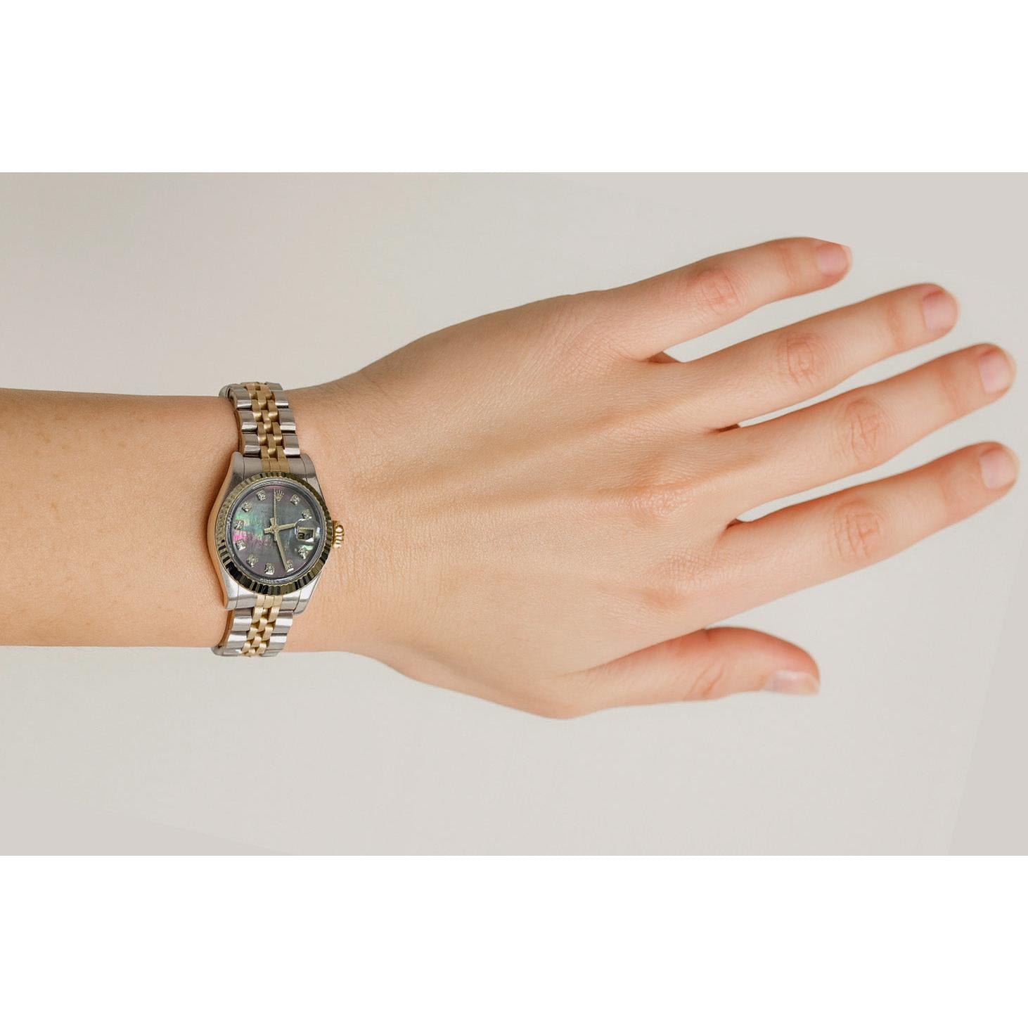 179173 Date-just Rolex 26mm Black Mother of Pearl Diamond Lady's