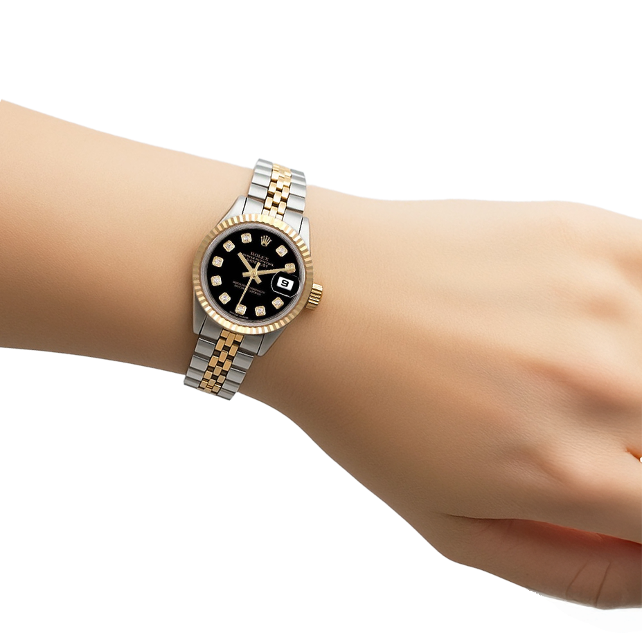 179173 Lady Rolex Datejust Black Diamond Dial Year 2012 Hidden Clasp P1