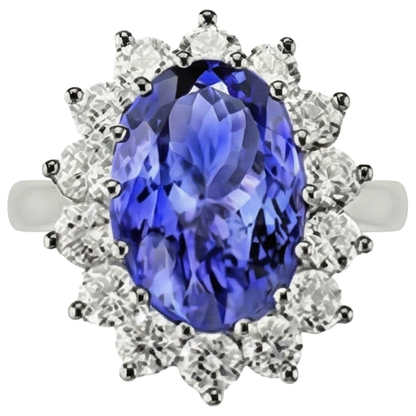 19.75 Ct Oval Tanzanite With Natural Earth Mined Diamonds Ring Flower Style 14K Gold