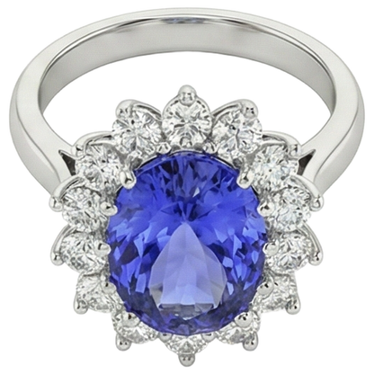 19.75 Ct Oval Tanzanite With Natural Earth Mined Diamonds Ring Flower Style 14K Gold