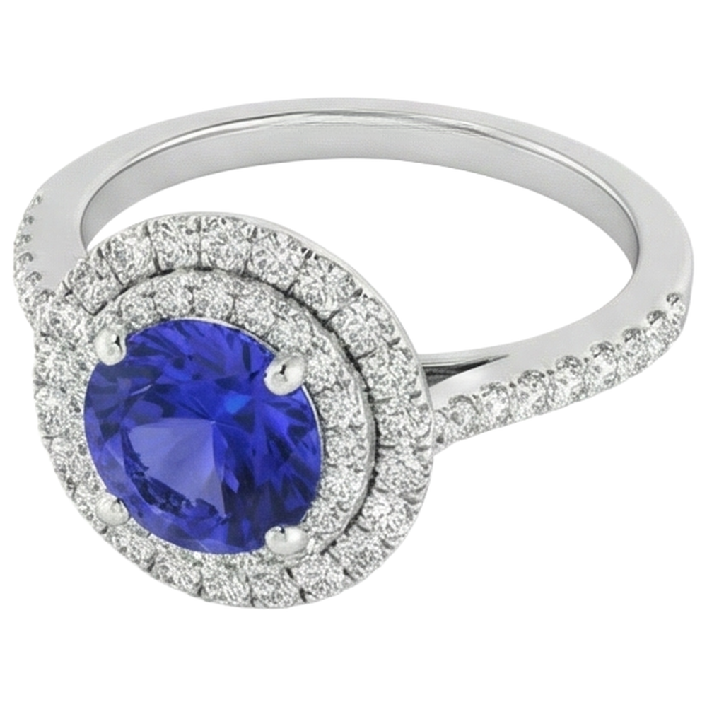 19 Ct Round Cut Tanzanite And Natural Earth Mined Diamonds Wedding Ring 14K White Gold