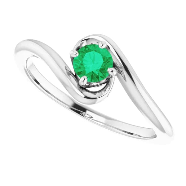 1 Carat Green Emerald Ring Freeform Shank Setting White Gold 14K