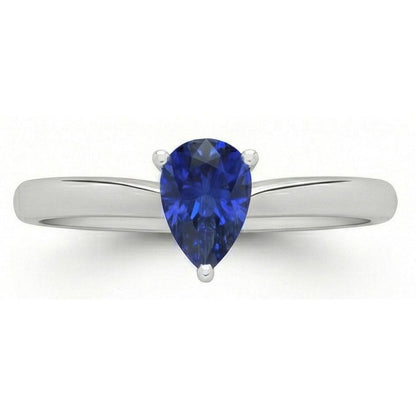 1 Carat Solitaire Pear Deep Blue Sapphire Ring White Gold