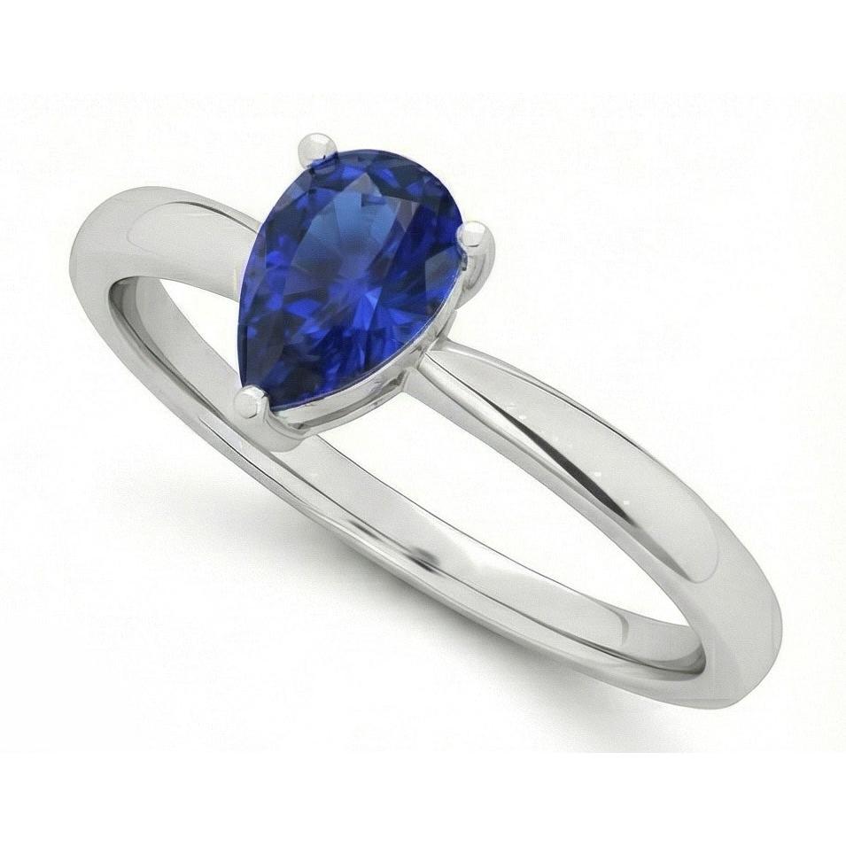 1 Carat Solitaire Pear Deep Blue Sapphire Ring White Gold