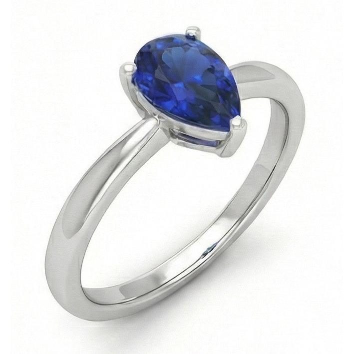 1 Carat Solitaire Pear Deep Blue Sapphire Ring White Gold