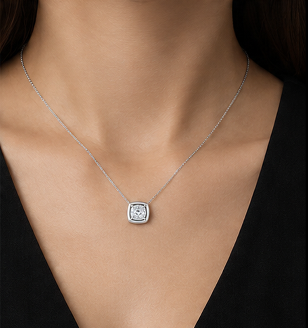 1 Carat Cushion Cut Lab Grown Diamond Pendant White Gold 14K