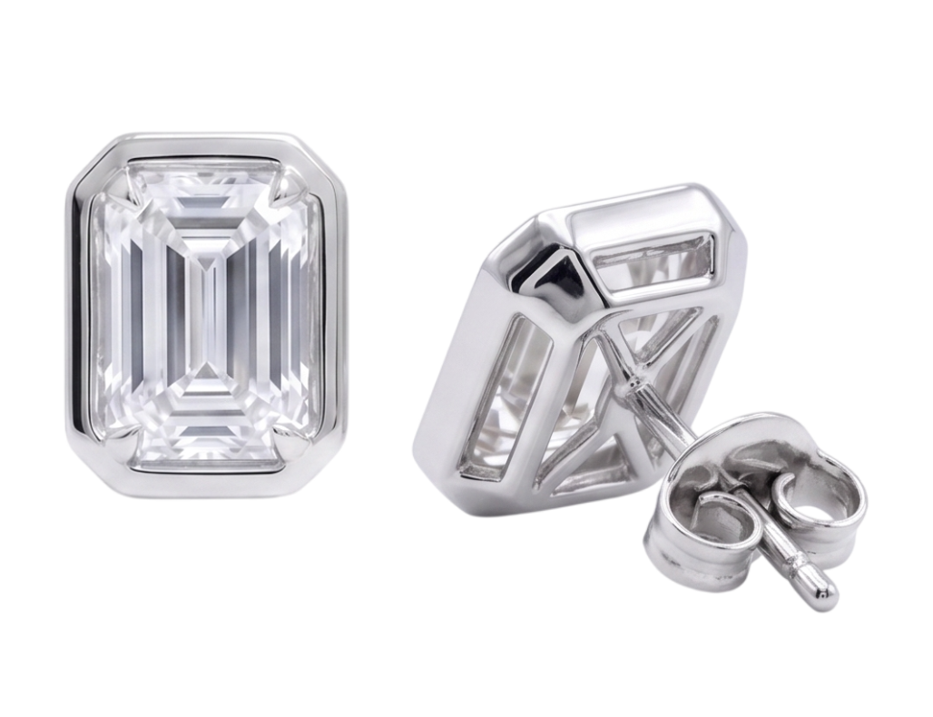 1 Carat Prong Set Emerald Cut Lab Grown Diamonds Stud Earring White Gold 14k