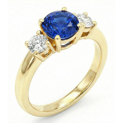 1 Carat Three Stone Natural Earth Mined Diamond and Gemstone Engagement Ring 14K Yellow Gold